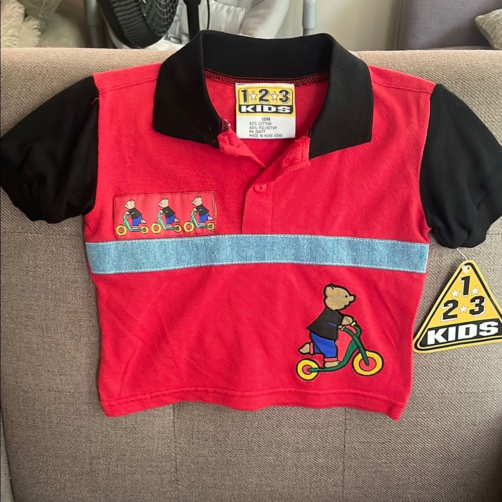 18 months Baby NWT Vintage 90’s Red & Black Polo Shirt with BearScooter Design